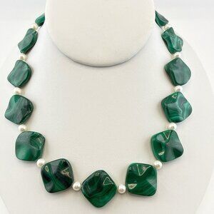 Estate Malachite Necklace 14K Gold Clasp Green Pearl GSJ Modern Chunky Geometric